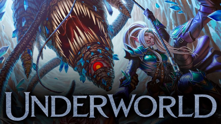 Roper hanging upside down menaces female drow elf adventurer hanging from a rope. Underworld logo beneath.