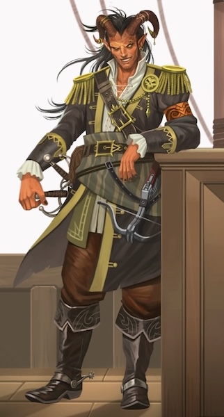 Syderean ship's captain with reddish skin and horns, dressed in a pirate's coat with epaulettes
