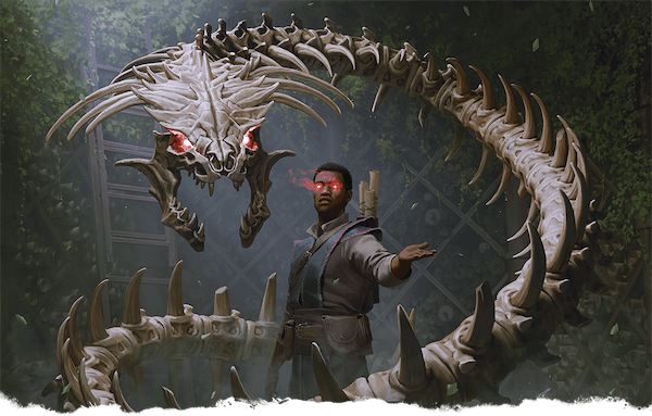 Skeletal snake with glowing red eyes mesmerising adventurer.