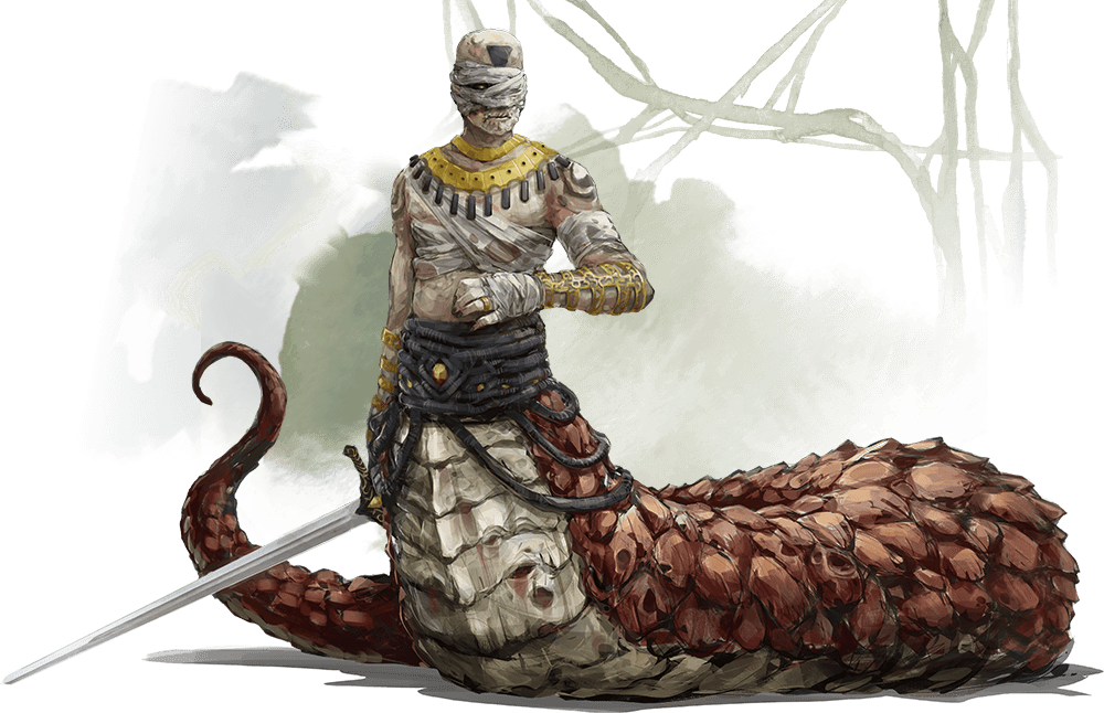 Yuan-ti malison with upper human body holding a sword, and lower body of a snake, withered and wasting away.