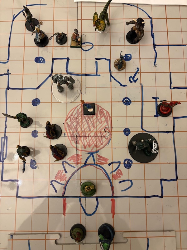 Hand drawn battle map of yuan-ti temple with PC & yuan-ti minis.